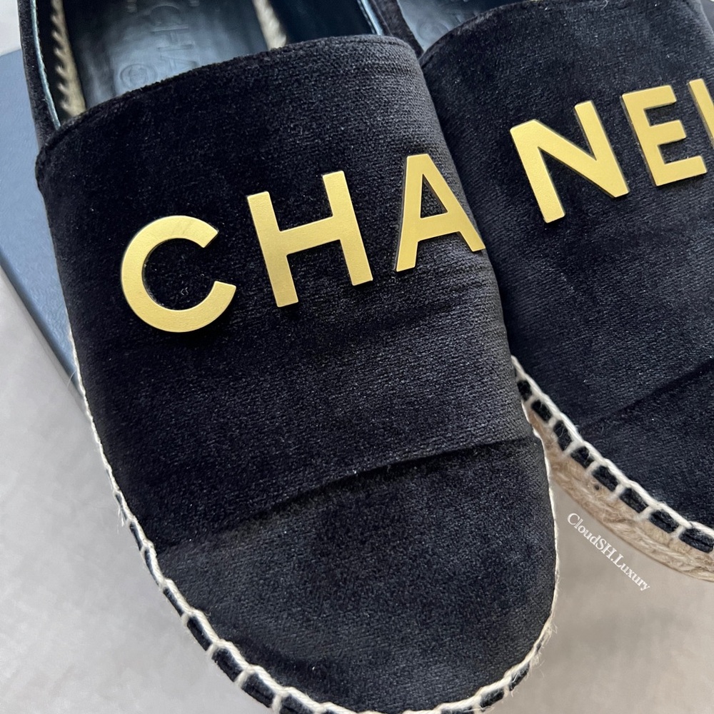 Auth Chanel G34012 Black Velvet CC Logo Espadrilles- Size 36 - Picture 2 of 10
